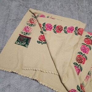 Large Tan Floral Knit Scarf with Rose Design